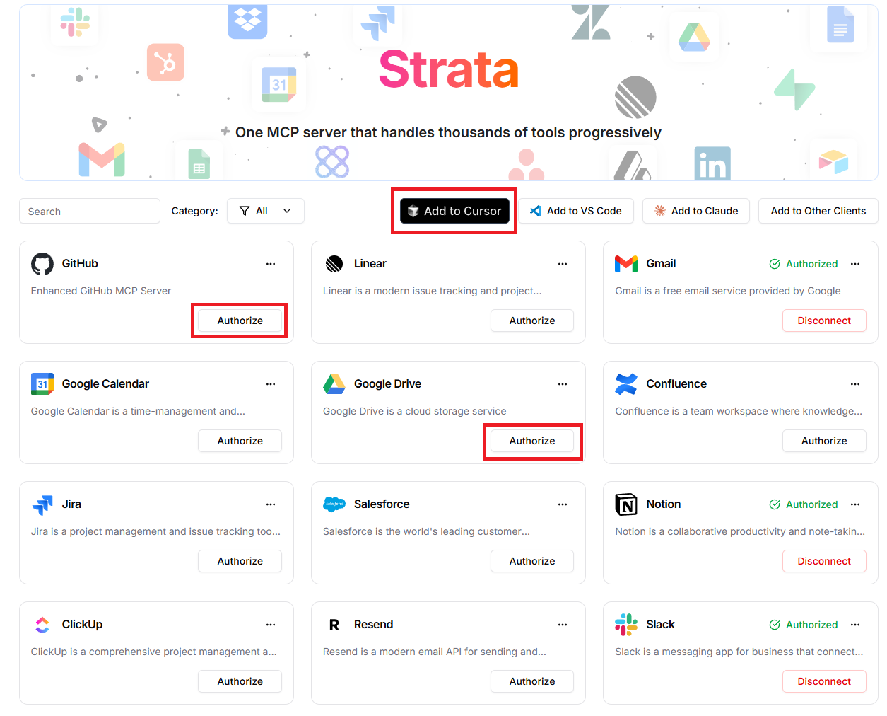 Add to Cursor UI in Klavis AI